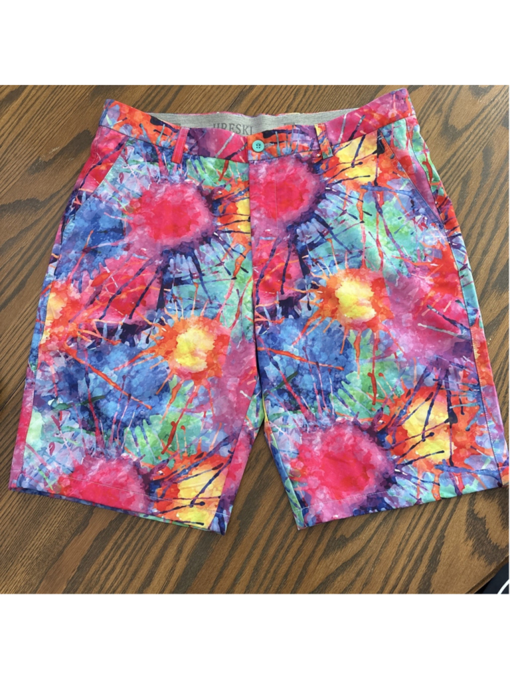 Hreski Golf Shorts Mens 34 Flat Front Multicolor Splatter Paint Colorful 10” L